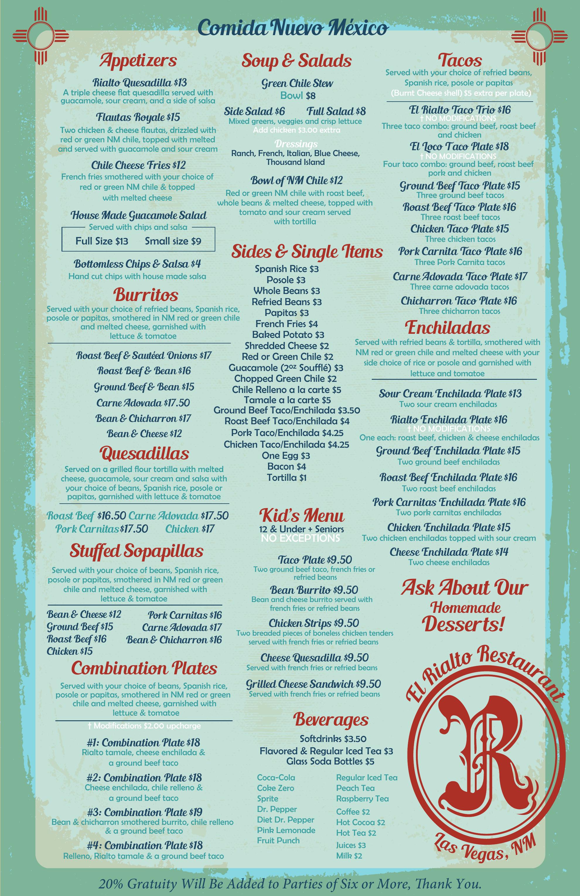 El Rialto printed menu — page 1