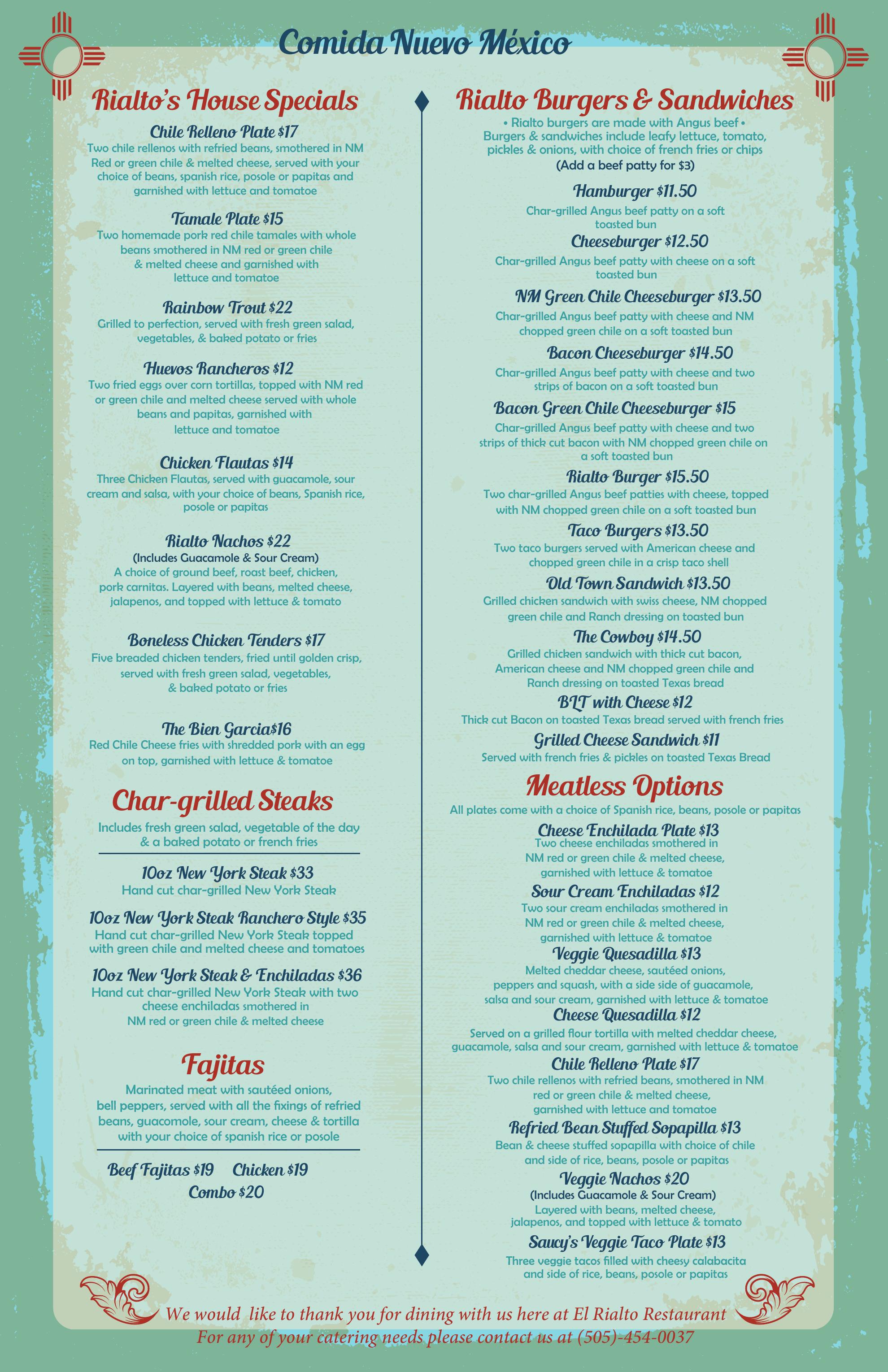 El Rialto printed menu — page 2